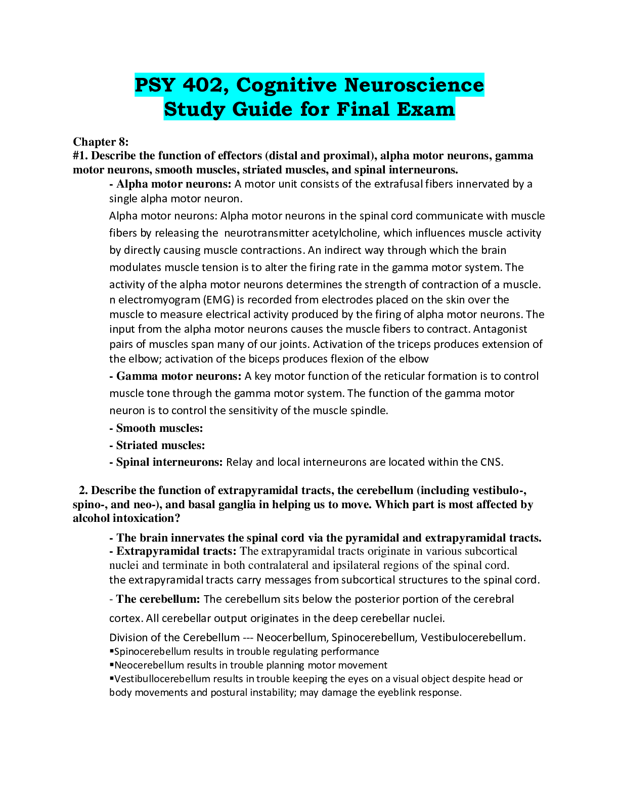 Preview of PSY 402, Cognitive Neuroscience Study Guide for Final Exam